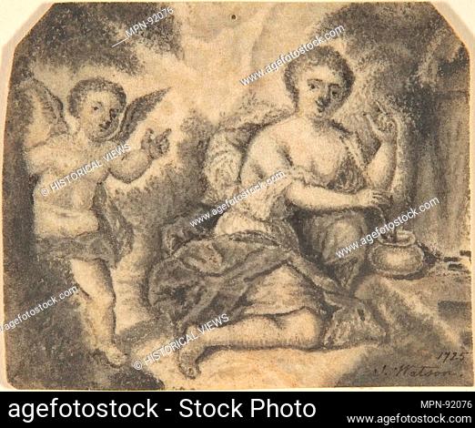 Venus Dipping an Arrow Into a Pot with Cupid to the Left. Artist: S. Watson (British, active early 18th century); Date: 1725; Medium: Gray wash; Dimensions:...