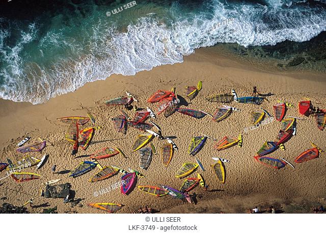 High angle view at sailboards on the beach, Hookipa, Maui, Hawaii, USA, America