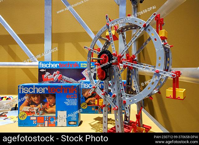 PRODUCTION - 11 July 2023, Bavaria, Iphofen: Building sets from Fischertechnik from the 1970s and 80s, are on display in the special exhibition ""Diversity of...