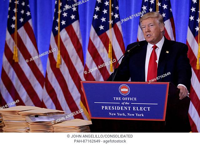 United States President-elect Donald Trump speaks at a press conference at Trump Tower on January 11, 2017 in New York City