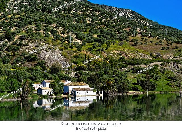Finca at the reservoir Zahara-El Gastor, Sierra de Grazalema Natural Park, Zahara de la Sierra, Andalucía, Spain