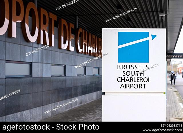 Paphos Airport, Cyprus - March 20, 2023 - Sign and terminal of the Brussels South Charleroi International Airport