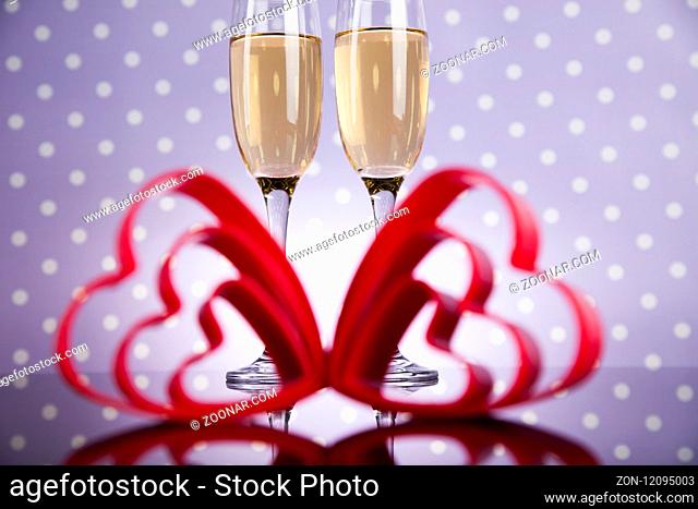 Valentines day background with champagne and roses, mirror background