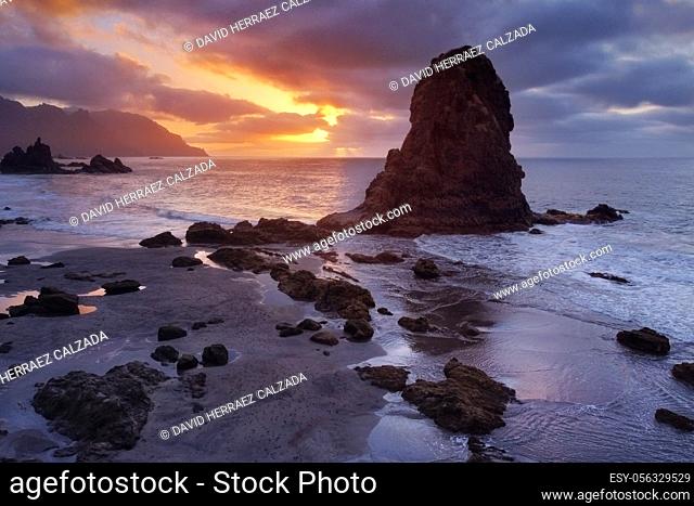 Benijo beach at sunset in Tenerife, Canary islands, Spain. High quality photo