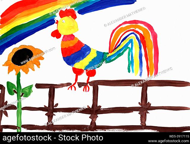 Children's drawing of all colors of rainbow. Bright colors of summer. Childish art. Artwork drawn by watercolors. Child's drawing of bright colored rooster...