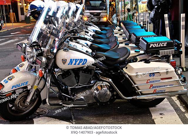 New York Police Department’s Harley-Davidson Electra Glide motorcycles parked in Times Square, 42nd Street, Theater District