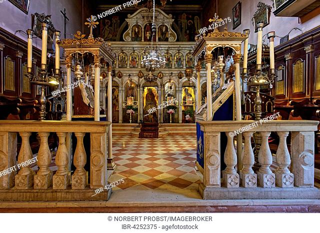Greek Orthodox altar in the monastery church, monastery of Panagia Theotokos tis Paleokastritsas or Panagia Theotokos, Paleokastritsa, Corfu, Ionian Islands