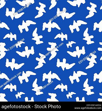 Conversational seamless pattern silhouette birds collage motif design in blue and white colors