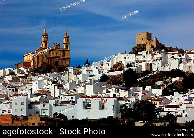 Municipality of Olvera in the province of Cadiz, located on the Ruta de los Pueblos Blancos, Road of the White Villages, Houses and the Castillo Arabe and the...