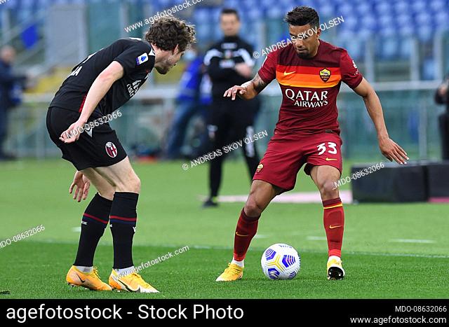The Footballer of Roma Bruno Peres and the Footballer of Bologna Andreas Skov Olsen during the match Roma-Bologna at the stadio Olimpico