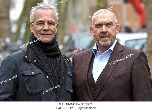 The actors Klaus J. Behrendt (playing Max Ballauf, L) and Dietmar Baer (playing Freddy Schenk) can be seen during a photo call during the filming of the...