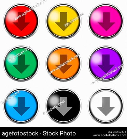A down arrow sign button icon set isolated on white with clipping path 3d illustration