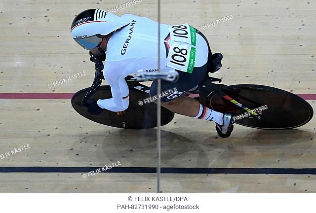 Maximilian Levy of Germany in action during the Men's Team Sprint Qualifying at the Olympic Velodrome in Barra during the Rio 2016 Olympic Games Track Cycling...