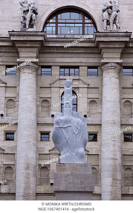 Sculpture of the Italian artist Maurizio Cattelan, in the background the Borsa Italiana on Piazza Affari, Milan, Milano, Lombardy, Italy, Europe