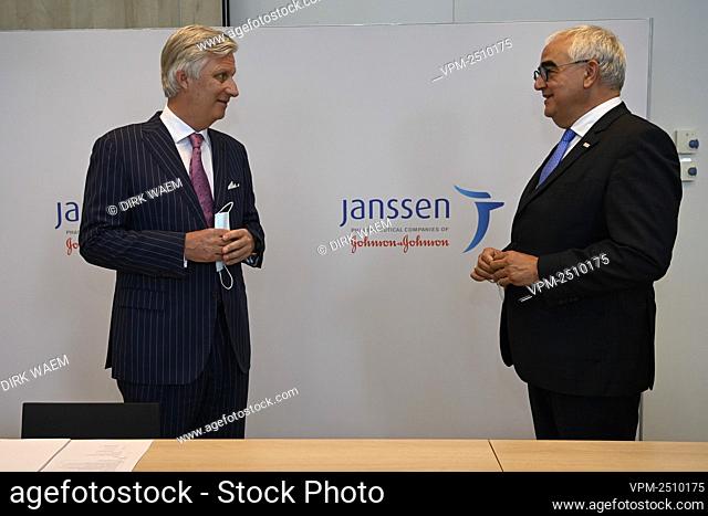 King Philippe - Filip of Belgium and Janssen Pharmaceutica chief scientific officer Paul Stoffels pictured during a visit of Belgian royal couple to the...