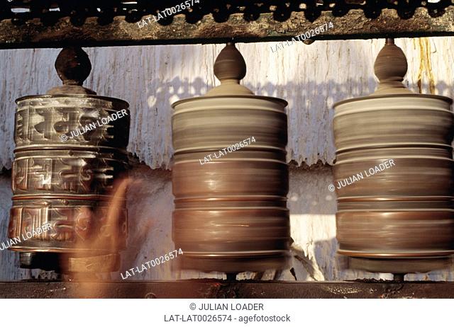 Swayambhunath is one of the holiest Buddhist sites in the area of Kathmandu ad has rows of traditional prayer wheels. A prayer wheel is a wheel on a spindle...