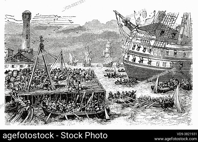 The French troops in a port in Northern France during the French Revolution. France. Old 19th century engraved illustration from Histoire de la Revolution...