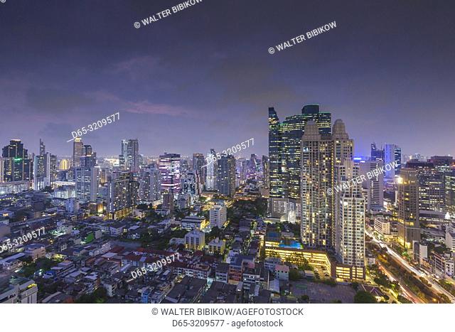 Thailand, Bangkok, Silom Area, high angle skyline view, dusk