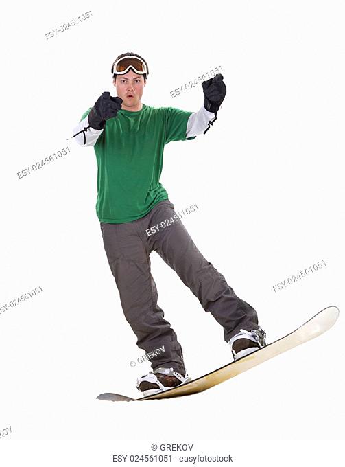Jumping snowboarder isolated on white background