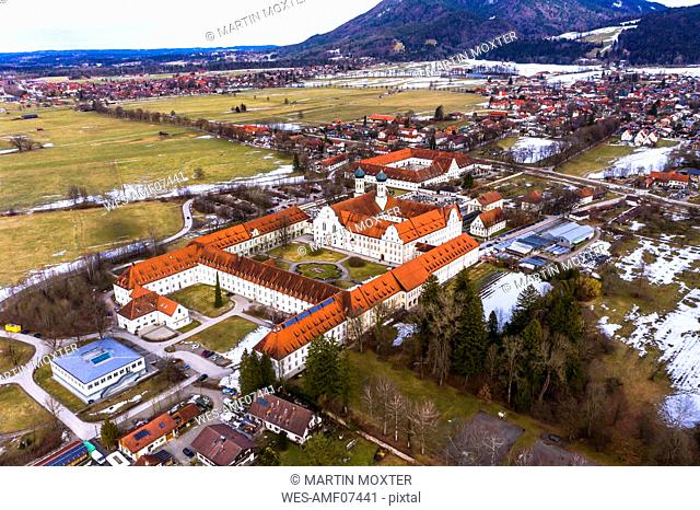 Aerial view over Benedictine monastery Benediktbeuren in winter, Bavaria, Germany