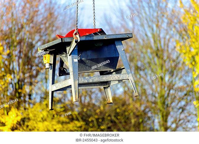 Workbench for workers on building sites being suspended from a crane, anti-theft protection, Grevenbroich, North Rhine-Westphalia, Germany, Europe