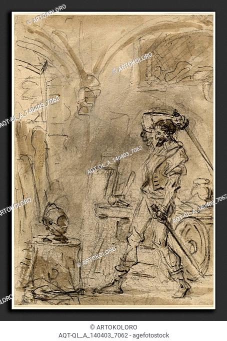 Jean-Honoré Fragonard, Don Quixote about to Strike the Helmet, French, 1732 - 1806, 1780s, brush with brown and gray washes over charcoal on laid paper