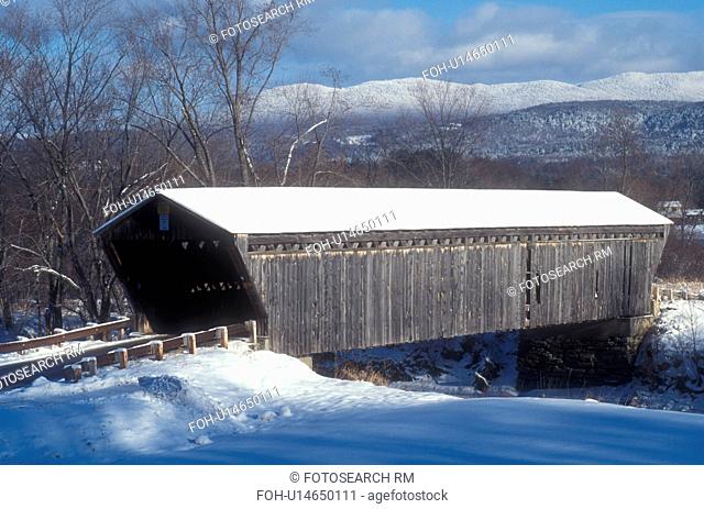 covered bridge, bridge, winter, Scenic view of Gorham or Goodnaugh Covered Bridge ca. 1841 on a sunny day in winter in Pittsford in Rutland County in the state...