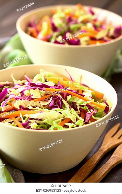 Fresh coleslaw, a salad made of shredded red and white cabbage and carrots, served in white bowls, photographed with natural light (Selective Focus