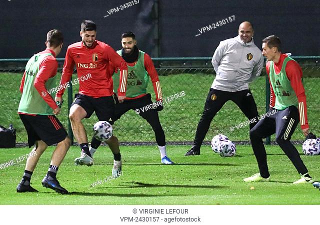Belgium's Elias Cobbaut fights for the ball during a training session of Belgian national soccer team the Red Devils, Monday 18 November 2019 in Tubize
