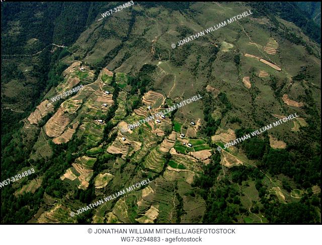 NEPAL Nr Jiri -- 16 Apr 2005 -- Aerial photo of terraced farmland near Jiri. Scientists have warned that rising temperatures from global warming may cause the...
