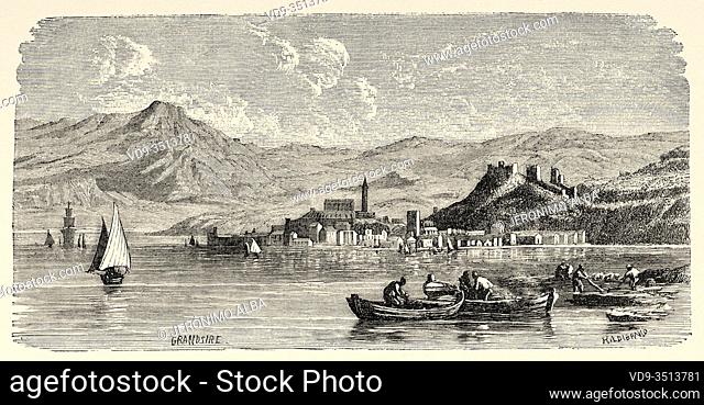 Piran harbour, Gulf of Trieste, Slovenia. Europe, Old engraving illustration Trip to Istria & Dalmatia 1874 by Charles Yriarte