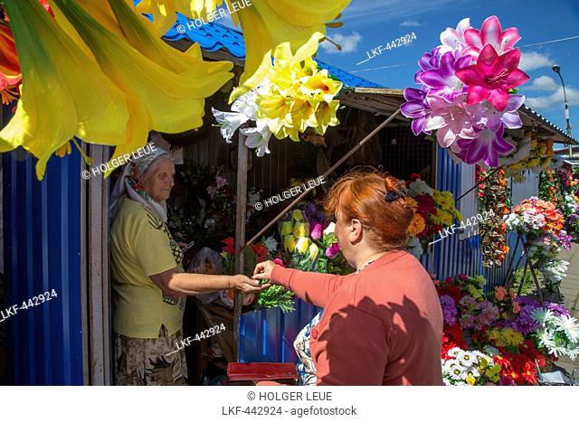 Artificial flowers for sale at a market stand, Uglich, Russia, Europe