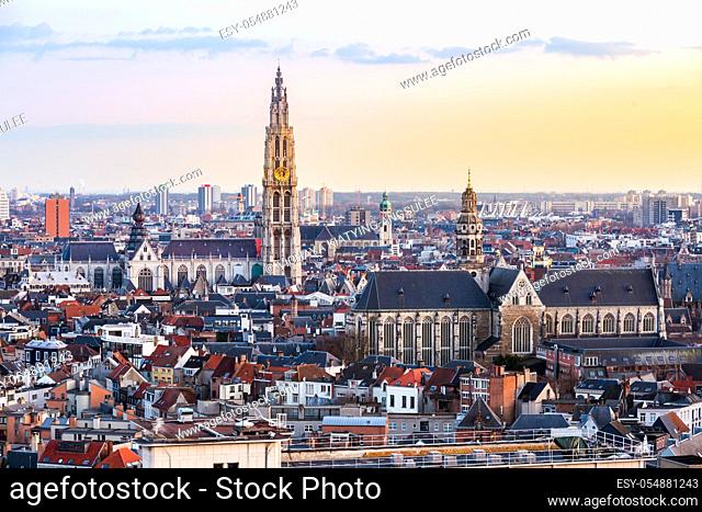 Aerial high angle view landscape of Antwerp cityscape with cathedral of Our Lady, Antwerpen Belgium sunset. EU Begium city landmark for tourism and travel...