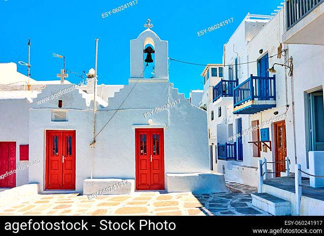 Street wuth old church in Chora town in Mykonos island. Greece, Greek architecture, cityscape