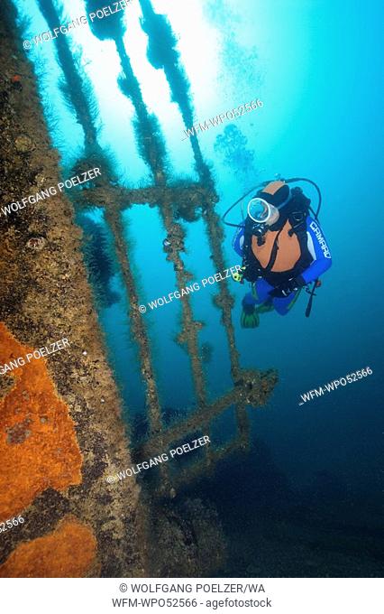 Diver at Wreck of Wine Carrier, Balaklava, Crimean Peninsula, Black Sea, Ukraine