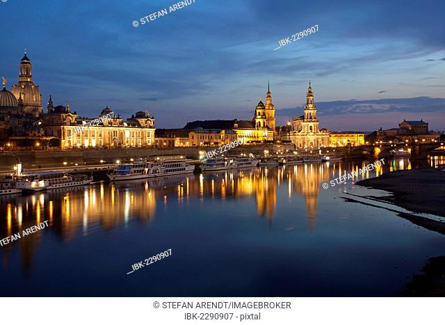Reflection of the historic city centre of Dresden in the Elbe River in the evening light, Saxony, Germany, Europe