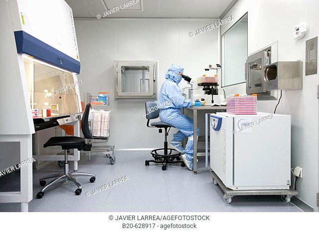 Clean room, culture observation through the microscope, biopharmaceutical lab, development and production of innovative drugs using adult stem cells, Cellerix