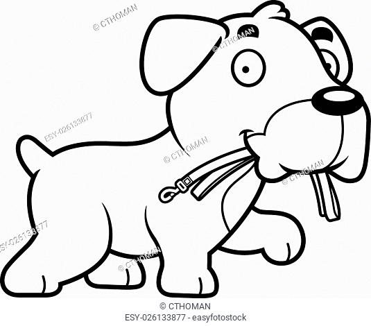 A cartoon illustration of a Boxer dog walking with a leash in his mouth