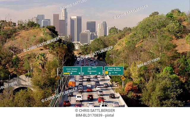 Aerial view of traffic driving to downtown Los Angeles, California, United States
