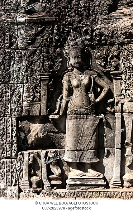 Cambodia, Siem Reap Province, Angkor site listed as World Heritage by UNESCO in 1992, Angkor Wat temple, bas-relief representing apsara dancer carving