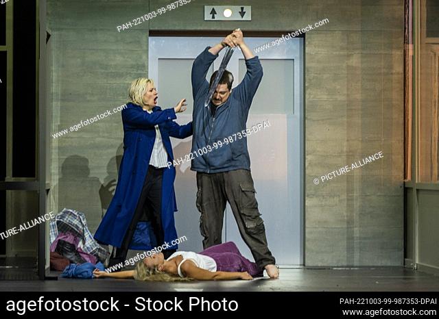 26 September 2022, Berlin: Anja Kampe (Brünnhilde, l), Vida Miknevi·i·t· (Sieglinde) and Robert Watson (Siegmund) are on stage at the Staatsoper during a dress...
