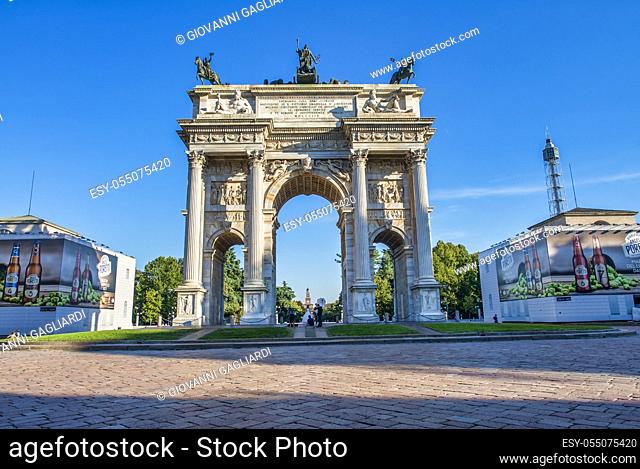 MILANO, ITALY - SEPTEMBER 2015: Tourists visit Arco della pace in the gardens of Parco Sempione
