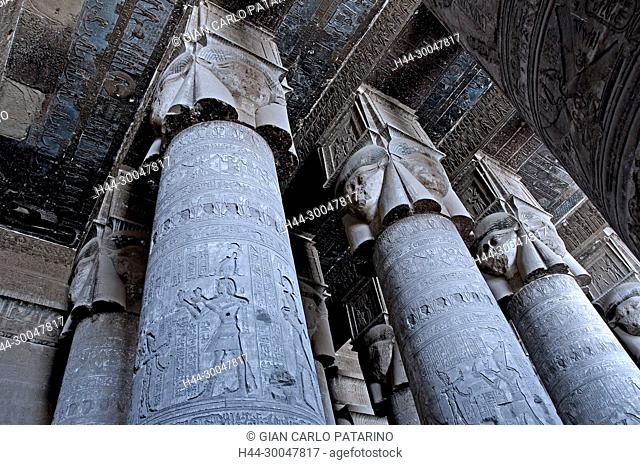 Dendera Egypt, temple dedicated to the goddess Hathor. View of ceiling and columns in the hypostyle hall before cleaning