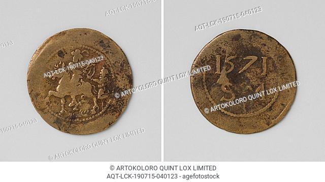Sint Maarten, medal with no. 5, Brass medal. Front: Sint Maarten, turned to the left with a feathered hat on a horse, cuts through with a cloak of sword to give...