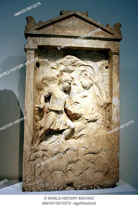 Grave stele. Pentelic marble, found near the Olympieion, Athens. The stele had the form of a saiskos with pilasters, an epistyle and a pediment