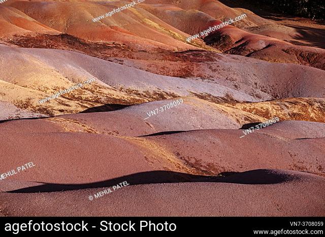 Detail on the Coloured Earths (Terres de Couleurs), Chamarel, Mauritius. The Coloured Earths is geological formation and prominent tourist attraction located...