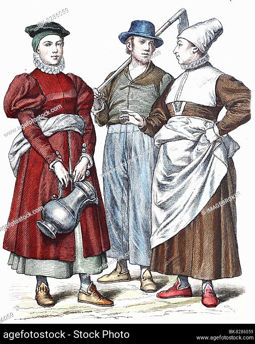 Folk traditional costume, clothing, history of costumes, girl from Ockholm, man and woman from Pomerania, traditional costumes from Germany, 16th century
