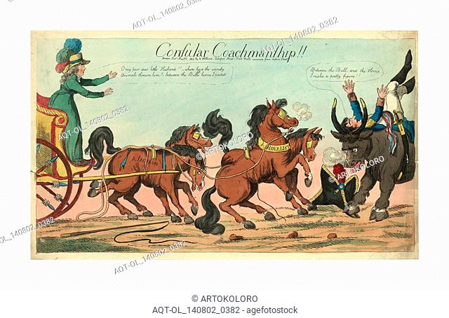Consular coachmanship!!, Holland, William, active 1782-1817, publisher, London, engraving 1803, Josephine standing in a carriage on the left which is drawn by...