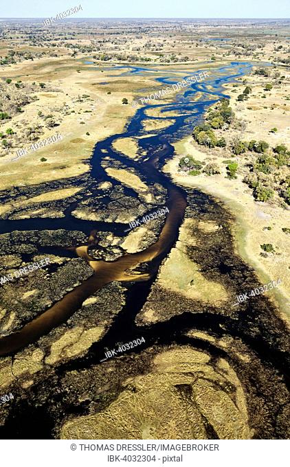 The Gomoti River with its channels, islands, sandbanks and adjoining freshwater marshland, aerial view, Okavango Delta, Botswana