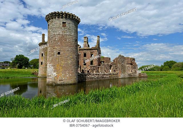 Ruins of Caerlaverock Castle, the only triangular-shaped moated castle in Scotland, seat of the Maxwell clan, Dumfries and Galloway, Scotland